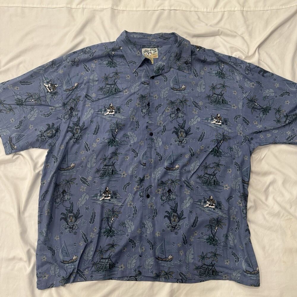 Big Dogs Hawaii Shirt Button Up Palm Tree Boat Hut Lotus Flower Leafs Blue Surfi